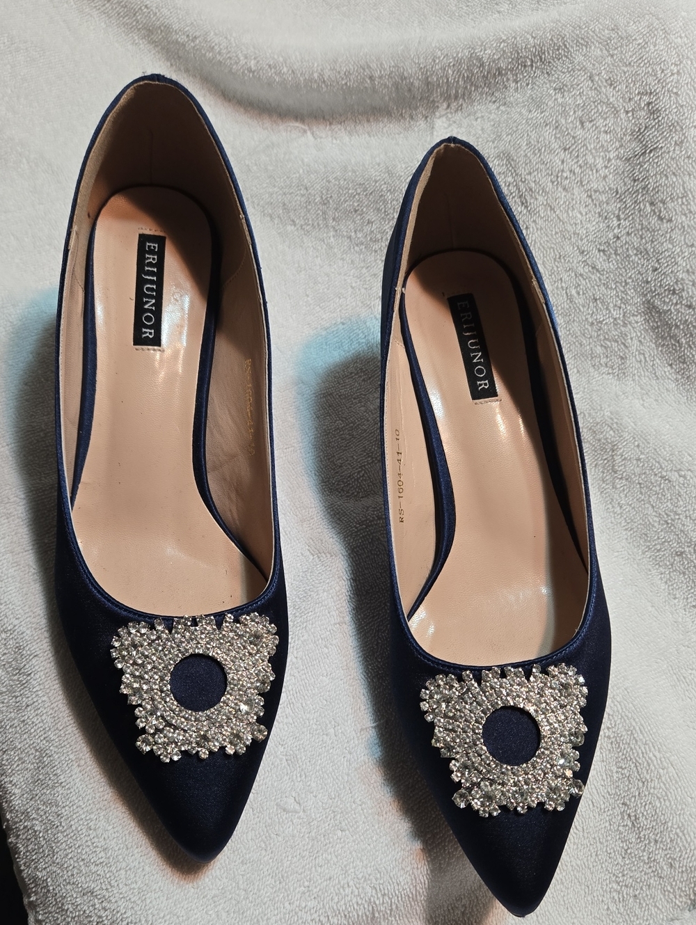 Eri Junor Navy Satin Pointed Heels with Crystal Brooch